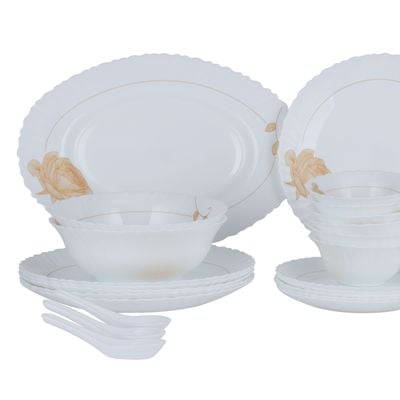 Royalford 33 Piece Classic Opalware Dinner Set- RF12470/ Includes Oval Plate, Dinner and Dessert Plates, Serving, Salad Bowls and Soup Spoons/ Dishwasher-Safe and Microwave Safe/ Chip-Resistant and Food-Grade/ White and Orange