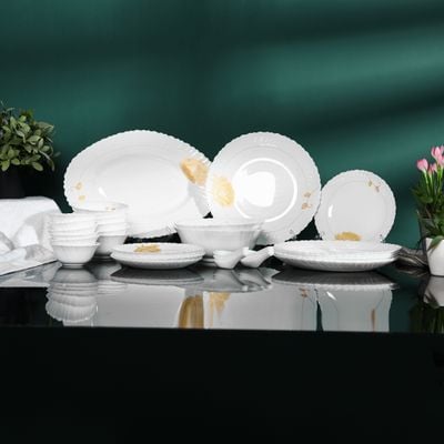 Royalford 33 Piece Classic Opalware Dinner Set- RF12470/ Includes Oval Plate, Dinner and Dessert Plates, Serving, Salad Bowls and Soup Spoons/ Dishwasher-Safe and Microwave Safe/ Chip-Resistant and Food-Grade/ White and Orange