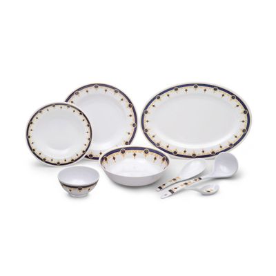 Royalford 56 Piece Melamineware Dinner Set- RF12489/ Includes Oval Plate and Deep Plates, Round and Serving Bowls, Rice Spoon, Ladle, and Soup Spoons/ Dishwasher-Safe and Freezer-Friendly/ Eco-Friendly and Food-Grade/ White and Blue