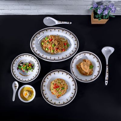 Royalford 56 Piece Melamineware Dinner Set- RF12489/ Includes Oval Plate and Deep Plates, Round and Serving Bowls, Rice Spoon, Ladle, and Soup Spoons/ Dishwasher-Safe and Freezer-Friendly/ Eco-Friendly and Food-Grade/ White and Blue