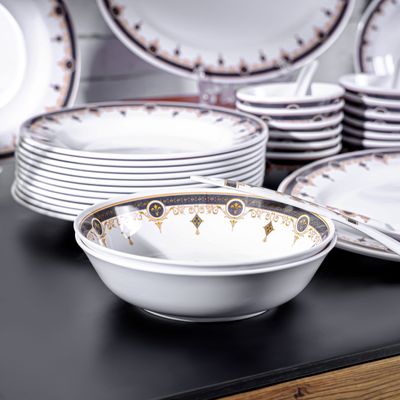 Royalford 56 Piece Melamineware Dinner Set- RF12489/ Includes Oval Plate and Deep Plates, Round and Serving Bowls, Rice Spoon, Ladle, and Soup Spoons/ Dishwasher-Safe and Freezer-Friendly/ Eco-Friendly and Food-Grade/ White and Blue