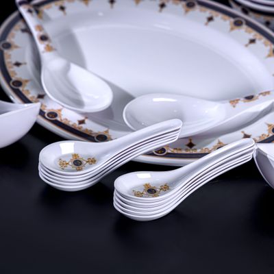 Royalford 56 Piece Melamineware Dinner Set- RF12489/ Includes Oval Plate and Deep Plates, Round and Serving Bowls, Rice Spoon, Ladle, and Soup Spoons/ Dishwasher-Safe and Freezer-Friendly/ Eco-Friendly and Food-Grade/ White and Blue