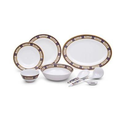 Royalford 56 Piece Melamineware Dinner Set- RF12490/ Includes Oval Plate and Deep Plates, Round and Serving Bowls, Rice Spoon, Ladle, and Soup Spoons/ Dishwasher-Safe and Freezer-Friendly/ Eco-Friendly and Food-Grade/ White and Blue