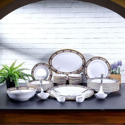 Royalford 56 Piece Melamineware Dinner Set- RF12490/ Includes Oval Plate and Deep Plates, Round and Serving Bowls, Rice Spoon, Ladle, and Soup Spoons/ Dishwasher-Safe and Freezer-Friendly/ Eco-Friendly and Food-Grade/ White and Blue