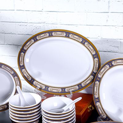 Royalford 56 Piece Melamineware Dinner Set- RF12490/ Includes Oval Plate and Deep Plates, Round and Serving Bowls, Rice Spoon, Ladle, and Soup Spoons/ Dishwasher-Safe and Freezer-Friendly/ Eco-Friendly and Food-Grade/ White and Blue