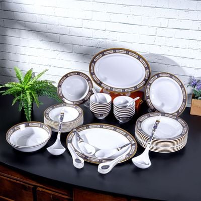 Royalford 56 Piece Melamineware Dinner Set- RF12490/ Includes Oval Plate and Deep Plates, Round and Serving Bowls, Rice Spoon, Ladle, and Soup Spoons/ Dishwasher-Safe and Freezer-Friendly/ Eco-Friendly and Food-Grade/ White and Blue