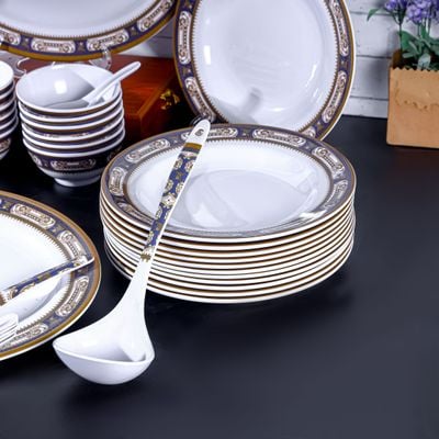 Royalford 56 Piece Melamineware Dinner Set- RF12490/ Includes Oval Plate and Deep Plates, Round and Serving Bowls, Rice Spoon, Ladle, and Soup Spoons/ Dishwasher-Safe and Freezer-Friendly/ Eco-Friendly and Food-Grade/ White and Blue