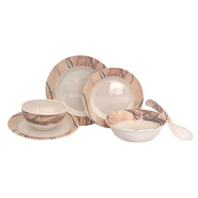 Royalford 32 Piece Melamineware Dinner Set- RF12510/ Includes Deep and Side Plates, Serving and Rice Bowls and Soup Spoons/ Dishwasher-Safe and Freezer-Friendly/ Eco-Friendly and Food-Grade/ White and Brown