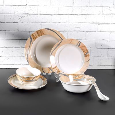 Royalford 32 Piece Melamineware Dinner Set- RF12510/ Includes Deep and Side Plates, Serving and Rice Bowls and Soup Spoons/ Dishwasher-Safe and Freezer-Friendly/ Eco-Friendly and Food-Grade/ White and Brown