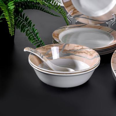 Royalford 32 Piece Melamineware Dinner Set- RF12510/ Includes Deep and Side Plates, Serving and Rice Bowls and Soup Spoons/ Dishwasher-Safe and Freezer-Friendly/ Eco-Friendly and Food-Grade/ White and Brown