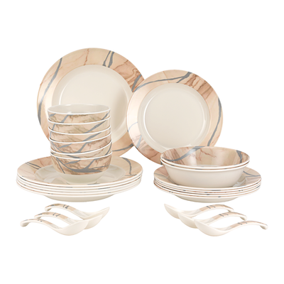 Royalford 32 Piece Melamineware Dinner Set- RF12510/ Includes Deep and Side Plates, Serving and Rice Bowls and Soup Spoons/ Dishwasher-Safe and Freezer-Friendly/ Eco-Friendly and Food-Grade/ White and Brown