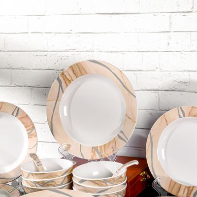 Royalford 32 Piece Melamineware Dinner Set- RF12510/ Includes Deep and Side Plates, Serving and Rice Bowls and Soup Spoons/ Dishwasher-Safe and Freezer-Friendly/ Eco-Friendly and Food-Grade/ White and Brown