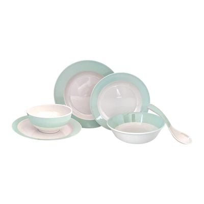 Royalford 32 Piece Melamineware Dinner Set- RF12511/ Includes Deep and Side Plates, Serving and Rice Bowls and Soup Spoons/ Dishwasher-Safe and Freezer-Friendly/ Eco-Friendly and Food-Grade/ White and Blue