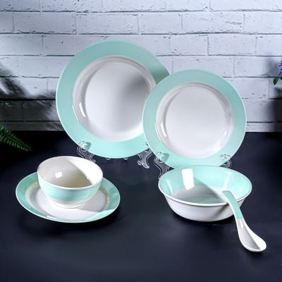 Royalford 32 Piece Melamineware Dinner Set- RF12511/ Includes Deep and Side Plates, Serving and Rice Bowls and Soup Spoons/ Dishwasher-Safe and Freezer-Friendly/ Eco-Friendly and Food-Grade/ White and Blue