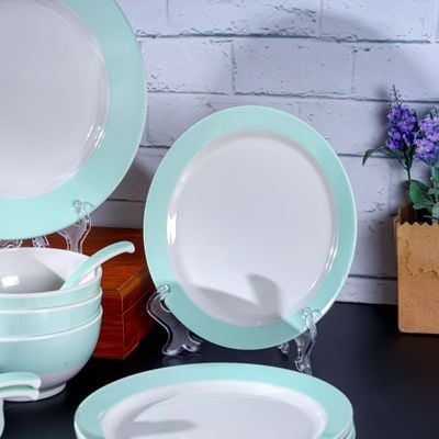 Royalford 32 Piece Melamineware Dinner Set- RF12511/ Includes Deep and Side Plates, Serving and Rice Bowls and Soup Spoons/ Dishwasher-Safe and Freezer-Friendly/ Eco-Friendly and Food-Grade/ White and Blue