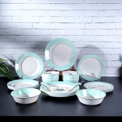 Royalford 32 Piece Melamineware Dinner Set- RF12511/ Includes Deep and Side Plates, Serving and Rice Bowls and Soup Spoons/ Dishwasher-Safe and Freezer-Friendly/ Eco-Friendly and Food-Grade/ White and Blue