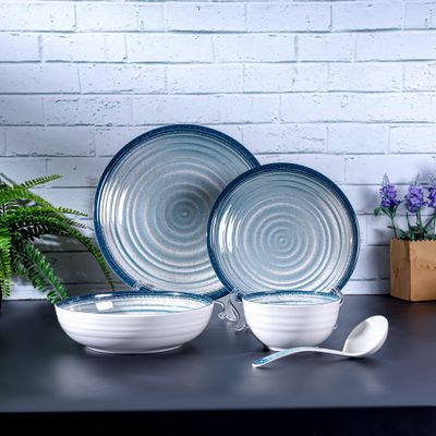 Royalford 20 Piece Melamineware Dinner Set- RF12512/ Includes Dinner and Side Plates, Serving and Rice Bowls and Ladle/ Dishwasher-Safe and Freezer-Friendly/ Eco-Friendly and Food-Grade/ White and Blue