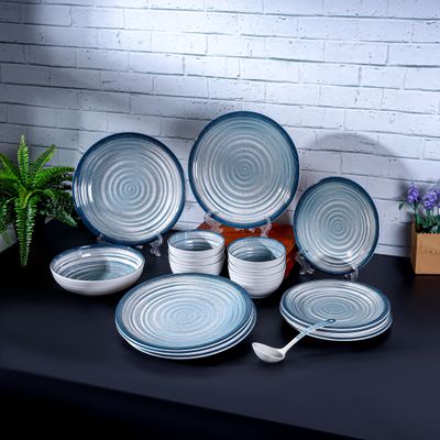 Royalford 20 Piece Melamineware Dinner Set- RF12512/ Includes Dinner and Side Plates, Serving and Rice Bowls and Ladle/ Dishwasher-Safe and Freezer-Friendly/ Eco-Friendly and Food-Grade/ White and Blue