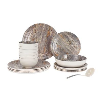 Royalford 20 Piece Melamineware Dinner Set- RF12513/ Includes Dinner and Side Plates, Serving and Rice Bowls and Ladle/ Dishwasher-Safe and Freezer-Friendly/ Eco-Friendly and Food-Grade/ White and Grey