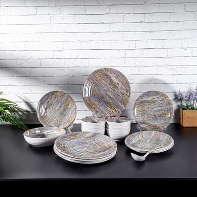 Royalford 20 Piece Melamineware Dinner Set- RF12513/ Includes Dinner and Side Plates, Serving and Rice Bowls and Ladle/ Dishwasher-Safe and Freezer-Friendly/ Eco-Friendly and Food-Grade/ White and Grey