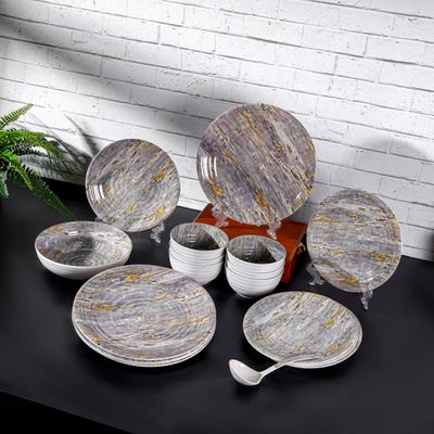 Royalford 20 Piece Melamineware Dinner Set- RF12513/ Includes Dinner and Side Plates, Serving and Rice Bowls and Ladle/ Dishwasher-Safe and Freezer-Friendly/ Eco-Friendly and Food-Grade/ White and Grey