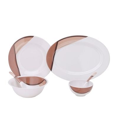 Royalford 35 Piece Melamine Ware Dinner Set- RF6972| Includes Oval Plate, Deep Plates, Dinner Plates, Round Bowls, Small Dishes, Rice Spoons and Soup Spoons| Top-Rack Dishwasher-Safe and Freezer-Friendly| Eco-Friendly and Food-Grade| White and Brown