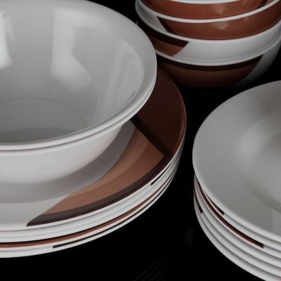 Royalford 35 Piece Melamine Ware Dinner Set- RF6972| Includes Oval Plate, Deep Plates, Dinner Plates, Round Bowls, Small Dishes, Rice Spoons and Soup Spoons| Top-Rack Dishwasher-Safe and Freezer-Friendly| Eco-Friendly and Food-Grade| White and Brown