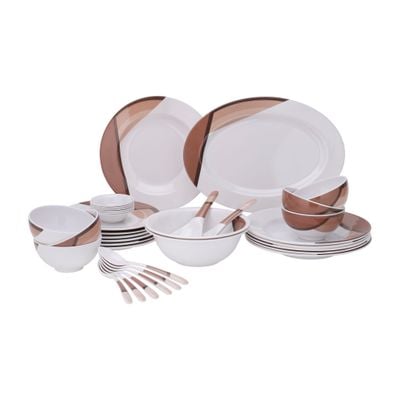 Royalford 35 Piece Melamine Ware Dinner Set- RF6972| Includes Oval Plate, Deep Plates, Dinner Plates, Round Bowls, Small Dishes, Rice Spoons and Soup Spoons| Top-Rack Dishwasher-Safe and Freezer-Friendly| Eco-Friendly and Food-Grade| White and Brown