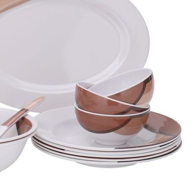 Royalford 35 Piece Melamine Ware Dinner Set- RF6972| Includes Oval Plate, Deep Plates, Dinner Plates, Round Bowls, Small Dishes, Rice Spoons and Soup Spoons| Top-Rack Dishwasher-Safe and Freezer-Friendly| Eco-Friendly and Food-Grade| White and Brown