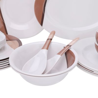 Royalford 35 Piece Melamine Ware Dinner Set- RF6972| Includes Oval Plate, Deep Plates, Dinner Plates, Round Bowls, Small Dishes, Rice Spoons and Soup Spoons| Top-Rack Dishwasher-Safe and Freezer-Friendly| Eco-Friendly and Food-Grade| White and Brown