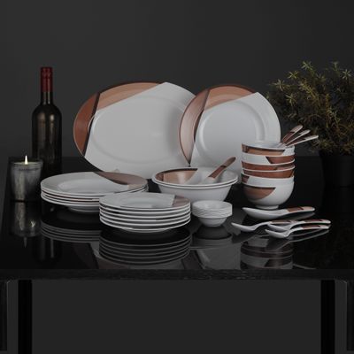 Royalford 35 Piece Melamine Ware Dinner Set- RF6972| Includes Oval Plate, Deep Plates, Dinner Plates, Round Bowls, Small Dishes, Rice Spoons and Soup Spoons| Top-Rack Dishwasher-Safe and Freezer-Friendly| Eco-Friendly and Food-Grade| White and Brown