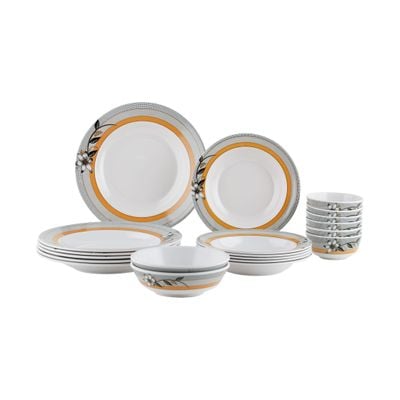 Royalford 20 Piece Melamine Ware Dinner Set- RF7437| Includes Deep Plates and Round Bowls| Top-Rack Dishwasher-Safe, Freezer-Friendly and Break Resistant| Eco-Friendly and Food-Grade| White and Orange