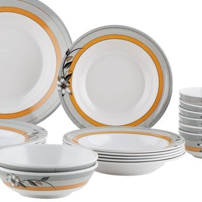 Royalford 20 Piece Melamine Ware Dinner Set- RF7437| Includes Deep Plates and Round Bowls| Top-Rack Dishwasher-Safe, Freezer-Friendly and Break Resistant| Eco-Friendly and Food-Grade| White and Orange