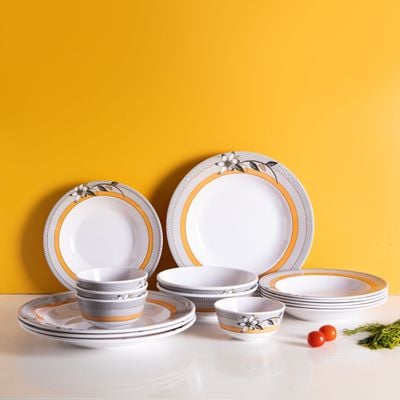 Royalford 20 Piece Melamine Ware Dinner Set- RF7437| Includes Deep Plates and Round Bowls| Top-Rack Dishwasher-Safe, Freezer-Friendly and Break Resistant| Eco-Friendly and Food-Grade| White and Orange