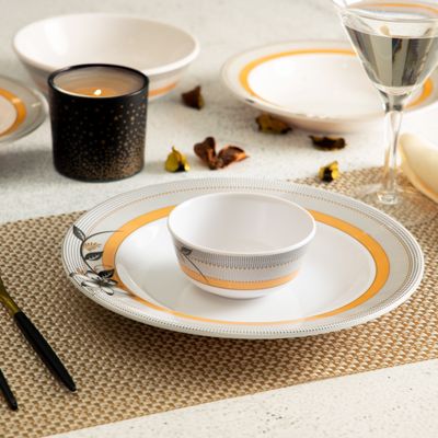 Royalford 20 Piece Melamine Ware Dinner Set- RF7437| Includes Deep Plates and Round Bowls| Top-Rack Dishwasher-Safe, Freezer-Friendly and Break Resistant| Eco-Friendly and Food-Grade| White and Orange