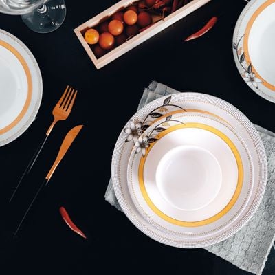 Royalford 20 Piece Melamine Ware Dinner Set- RF7437| Includes Deep Plates and Round Bowls| Top-Rack Dishwasher-Safe, Freezer-Friendly and Break Resistant| Eco-Friendly and Food-Grade| White and Orange