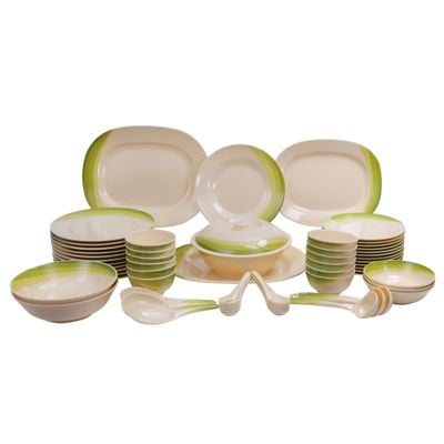 Royalford 64 Piece Melamineware Dinner Set- RF8101| Includes Oval Plates, Dinner Plates, Dessert Plates, Round Bowls, Soup Bowls, Rice Spoons and Spoons| Top-Rack Dishwasher-Safe, Freezer-Friendly and Break Resistant| Eco-Friendly and Food-Grade| Beige and Green