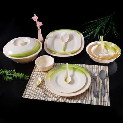 Royalford 64 Piece Melamineware Dinner Set- RF8101| Includes Oval Plates, Dinner Plates, Dessert Plates, Round Bowls, Soup Bowls, Rice Spoons and Spoons| Top-Rack Dishwasher-Safe, Freezer-Friendly and Break Resistant| Eco-Friendly and Food-Grade| Beige and Green