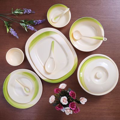 Royalford 64 Piece Melamineware Dinner Set- RF8101| Includes Oval Plates, Dinner Plates, Dessert Plates, Round Bowls, Soup Bowls, Rice Spoons and Spoons| Top-Rack Dishwasher-Safe, Freezer-Friendly and Break Resistant| Eco-Friendly and Food-Grade| Beige and Green