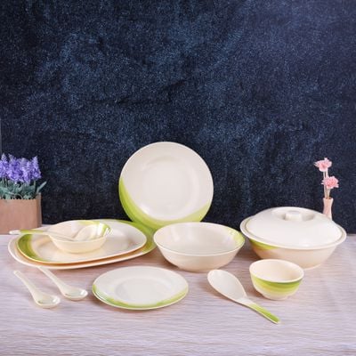 Royalford 64 Piece Melamineware Dinner Set- RF8101| Includes Oval Plates, Dinner Plates, Dessert Plates, Round Bowls, Soup Bowls, Rice Spoons and Spoons| Top-Rack Dishwasher-Safe, Freezer-Friendly and Break Resistant| Eco-Friendly and Food-Grade| Beige and Green