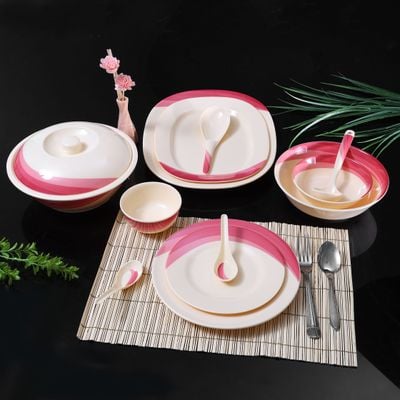 Royalford 64 Piece Melamineware Dinner Set- RF8102| Includes Oval Plates, Dinner Plates, Dessert Plates, Round Bowls, Soup Bowls, Rice Spoons and Spoons| Top-Rack Dishwasher-Safe, Freezer-Friendly and Break Resistant| Eco-Friendly and Food-Grade| Red