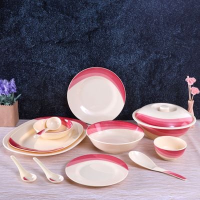 Royalford 64 Piece Melamineware Dinner Set- RF8102| Includes Oval Plates, Dinner Plates, Dessert Plates, Round Bowls, Soup Bowls, Rice Spoons and Spoons| Top-Rack Dishwasher-Safe, Freezer-Friendly and Break Resistant| Eco-Friendly and Food-Grade| Red