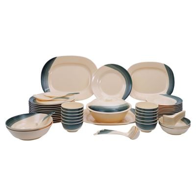 Royalford 64 Piece Melamineware Dinner Set- RF8103| Includes Oval Plates, Dinner Plates, Dessert Plates, Round Bowls, Soup Bowls, Rice Spoons and Spoons| Top-Rack Dishwasher-Safe, Freezer-Friendly and Break Resistant| Eco-Friendly and Food-Grade| Beige and Green