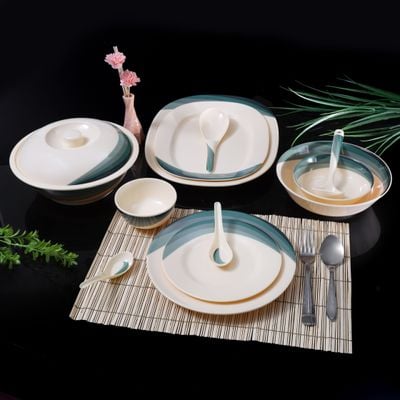 Royalford 64 Piece Melamineware Dinner Set- RF8103| Includes Oval Plates, Dinner Plates, Dessert Plates, Round Bowls, Soup Bowls, Rice Spoons and Spoons| Top-Rack Dishwasher-Safe, Freezer-Friendly and Break Resistant| Eco-Friendly and Food-Grade| Beige and Green