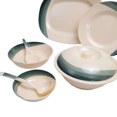 Royalford 64 Piece Melamineware Dinner Set- RF8103| Includes Oval Plates, Dinner Plates, Dessert Plates, Round Bowls, Soup Bowls, Rice Spoons and Spoons| Top-Rack Dishwasher-Safe, Freezer-Friendly and Break Resistant| Eco-Friendly and Food-Grade| Beige and Green