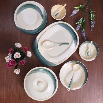 Royalford 64 Piece Melamineware Dinner Set- RF8103| Includes Oval Plates, Dinner Plates, Dessert Plates, Round Bowls, Soup Bowls, Rice Spoons and Spoons| Top-Rack Dishwasher-Safe, Freezer-Friendly and Break Resistant| Eco-Friendly and Food-Grade| Beige and Green