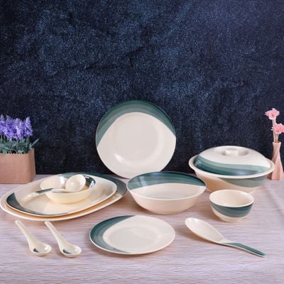 Royalford 64 Piece Melamineware Dinner Set- RF8103| Includes Oval Plates, Dinner Plates, Dessert Plates, Round Bowls, Soup Bowls, Rice Spoons and Spoons| Top-Rack Dishwasher-Safe, Freezer-Friendly and Break Resistant| Eco-Friendly and Food-Grade| Beige and Green