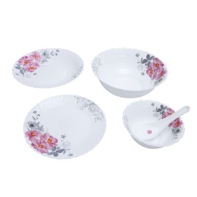 Royalford 33 Piece Opal ware Dinner Set- RF8981| Includes Dinner Plates, Quarter Plates, Oval Plates, Deep Soup Plates, Soup Bowls, Serving Bowls, Spoons| Chip-Resistant and Elegant Design| White with Floral Design