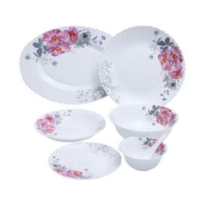 Royalford 33 Piece Opal ware Dinner Set- RF8981| Includes Dinner Plates, Quarter Plates, Oval Plates, Deep Soup Plates, Soup Bowls, Serving Bowls, Spoons| Chip-Resistant and Elegant Design| White with Floral Design