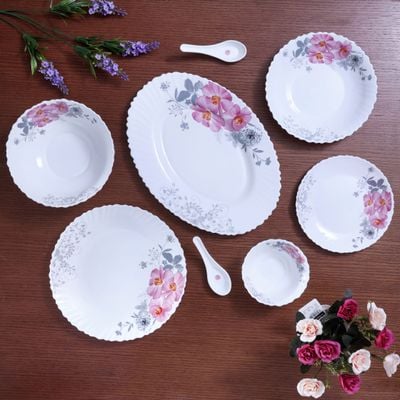 Royalford 33 Piece Opal ware Dinner Set- RF8981| Includes Dinner Plates, Quarter Plates, Oval Plates, Deep Soup Plates, Soup Bowls, Serving Bowls, Spoons| Chip-Resistant and Elegant Design| White with Floral Design